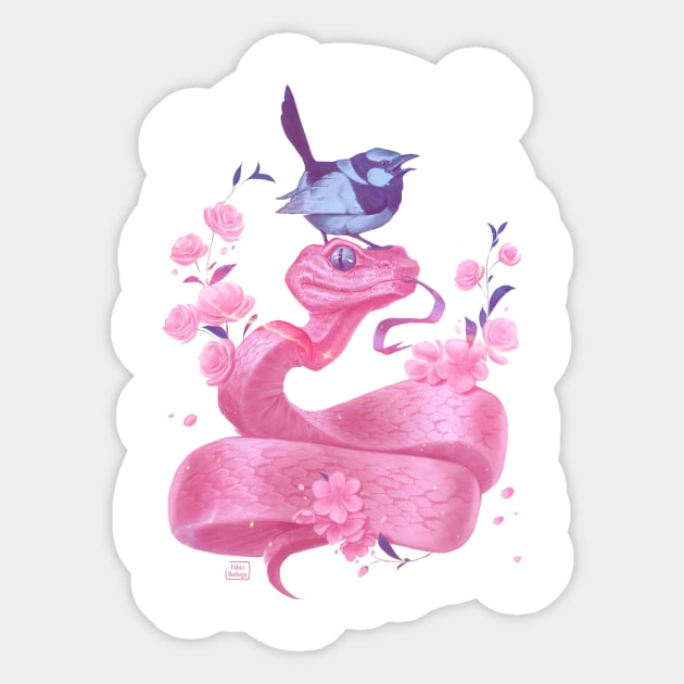 Pink snake and bird Sticker by fabiobottega